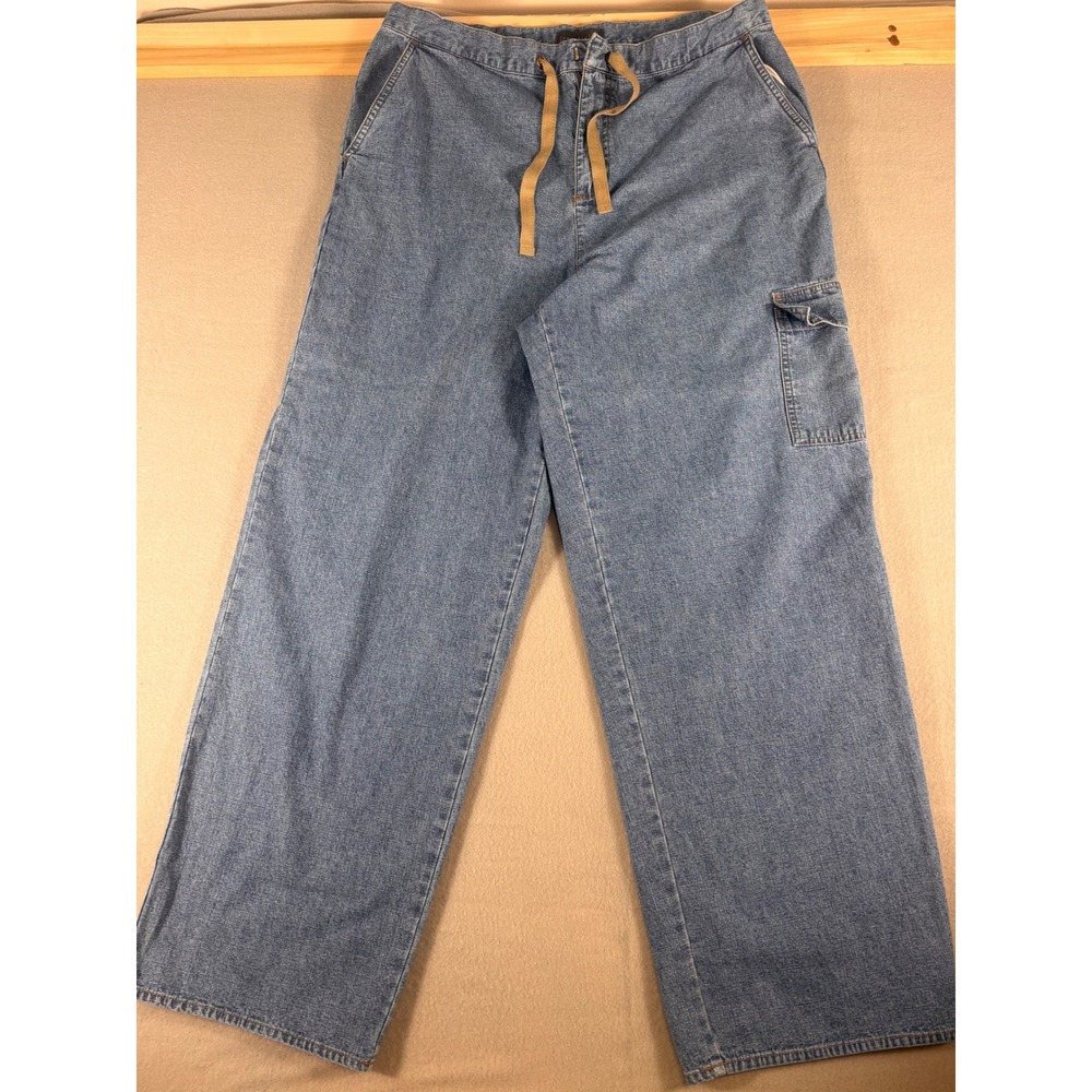 Light Wash Denim Cargo Pants Wide‎ Leg Drawstring Waist Blue Jeans